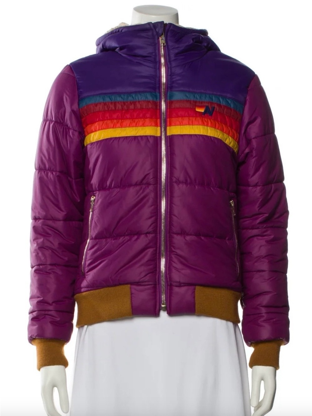 Aviator nation puffer bomber zip up jacket Sherpa hood purple stripes medium